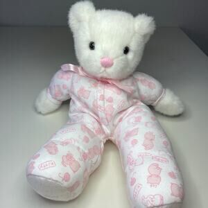 Nordstrom Baby N Layette Teddy Bear Plush 13” White Pink Kitty Print PJs *READ*
